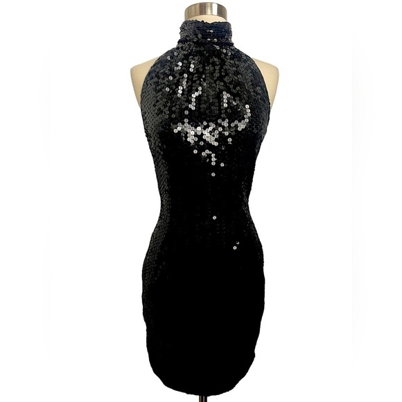 Vintage 80’s-90’s Black Sequins Mock Neck Formal Mini Cocktail Party Dress 6 - Picture 1 of 14